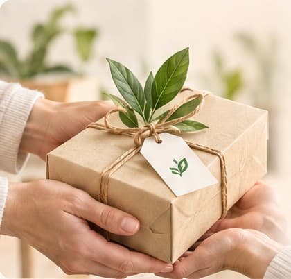 Hands passing a wrapped gift box tied with string and leaves